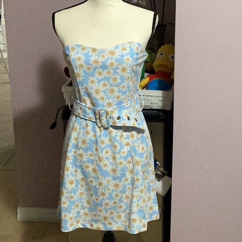 Strapless Floral Dress - Blue and White